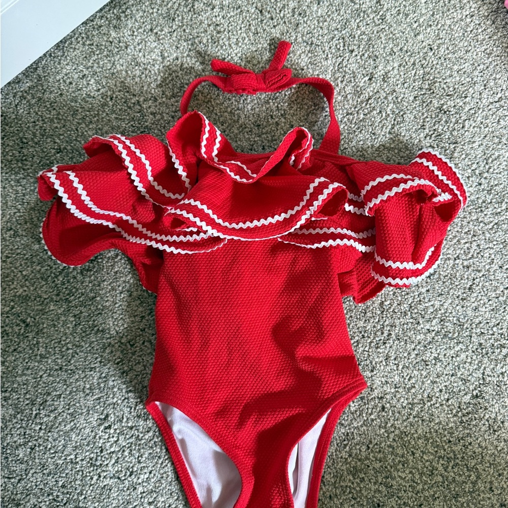 Janie & Jack off the shoulder Stunning Red Ruffled Kids One Piece Swimsuit
